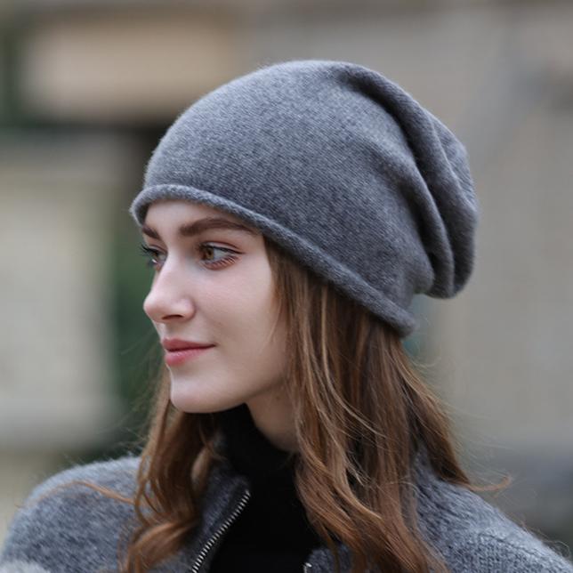 Slouchy Rolled Edge Wool Beanie Hat - Darkgray - 1