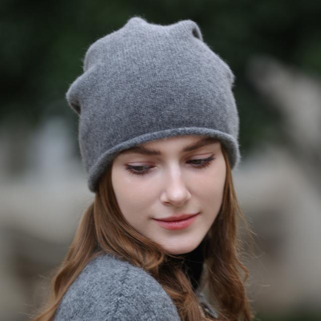 Slouchy Rolled Edge Wool Beanie Hat - Darkgray - 2