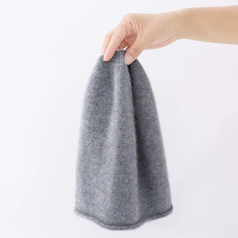Slouchy Rolled Edge Wool Beanie Hat - Gray