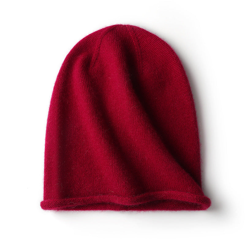 Slouchy Rolled Edge Wool Beanie Hat - Wine_red