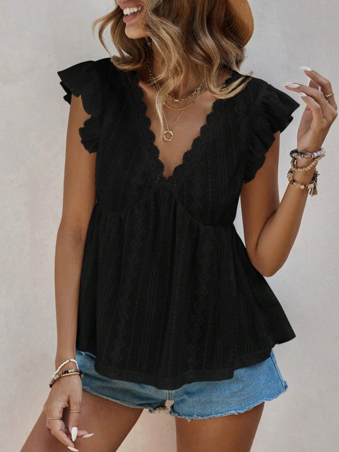 Eyelet Ruffle Sleeve V Neck Peplum Top - Black