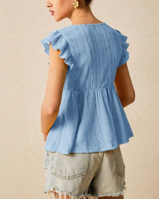 Eyelet Ruffle Sleeve V Neck Peplum Top - Blue - 1