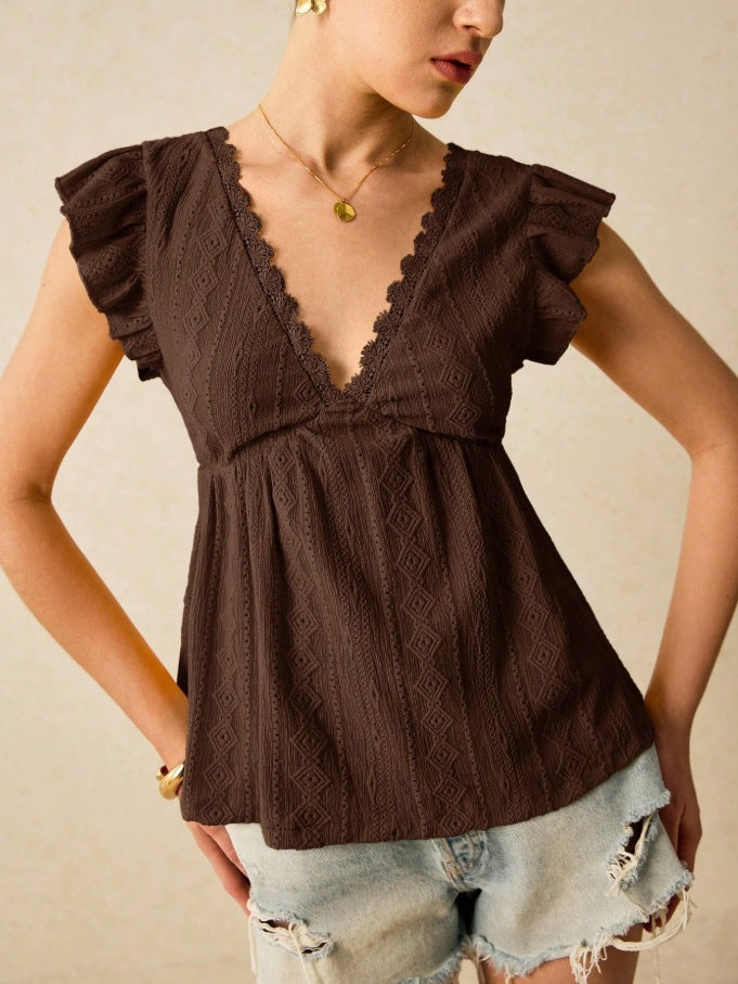 Eyelet Ruffle Sleeve V Neck Peplum Top - Coffee