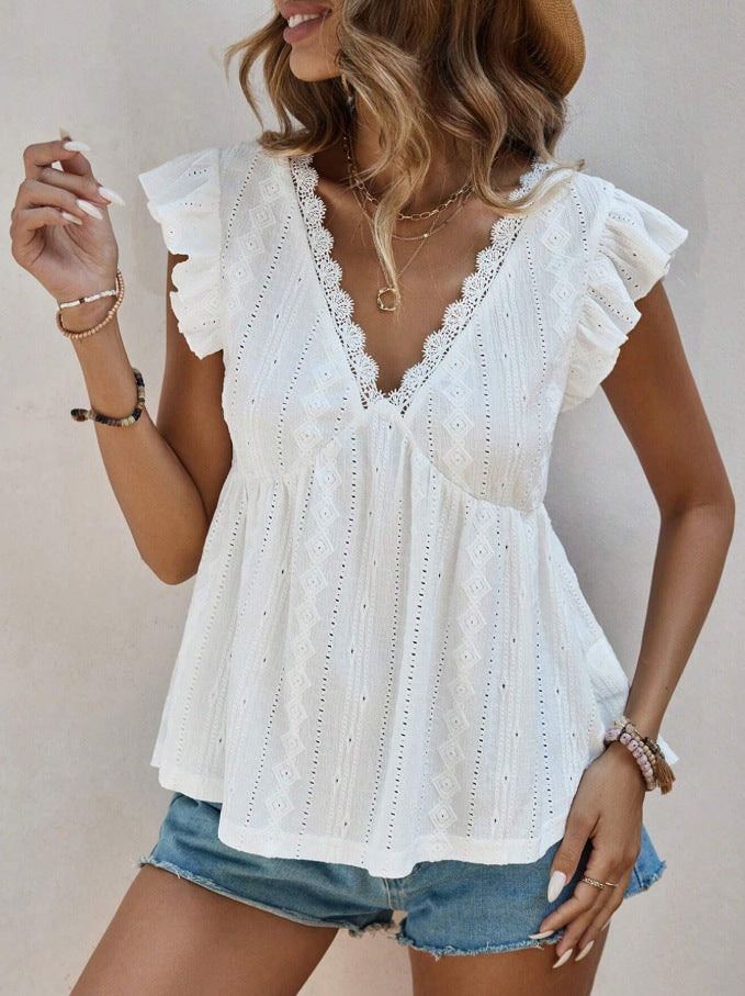 Eyelet Ruffle Sleeve V Neck Peplum Top - White - 1