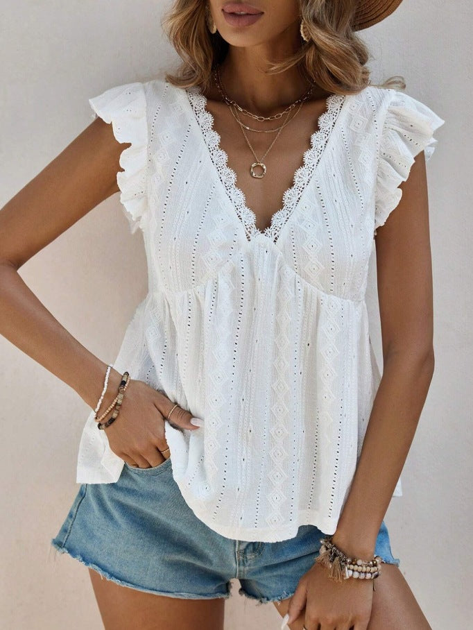 Eyelet Ruffle Sleeve V Neck Peplum Top - White - 2