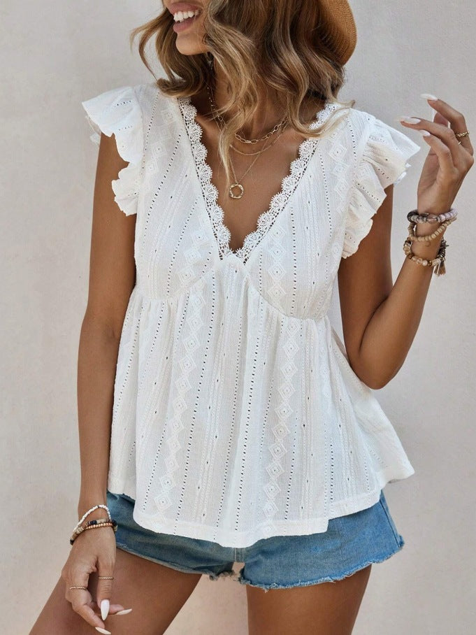 Eyelet Ruffle Sleeve V Neck Peplum Top - White - 3