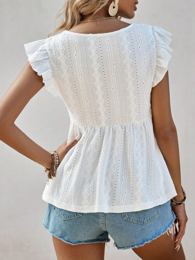 Eyelet Ruffle Sleeve V Neck Peplum Top - White - 5