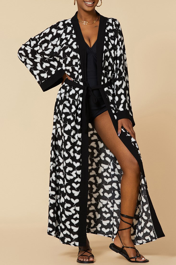 Printed Belted Maxi Kimono Cover Up - Bk-Heart - 1