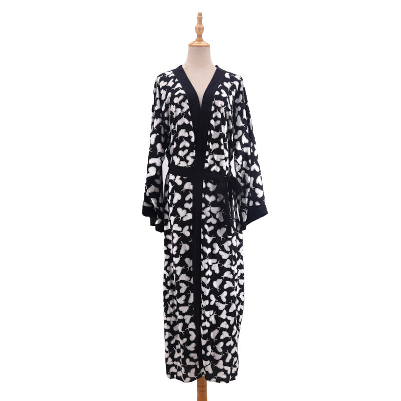 Printed Belted Maxi Kimono Cover Up - Bk-Heart - 10