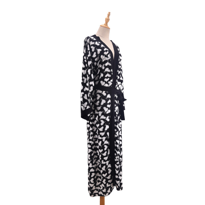 Printed Belted Maxi Kimono Cover Up - Bk-Heart - 12
