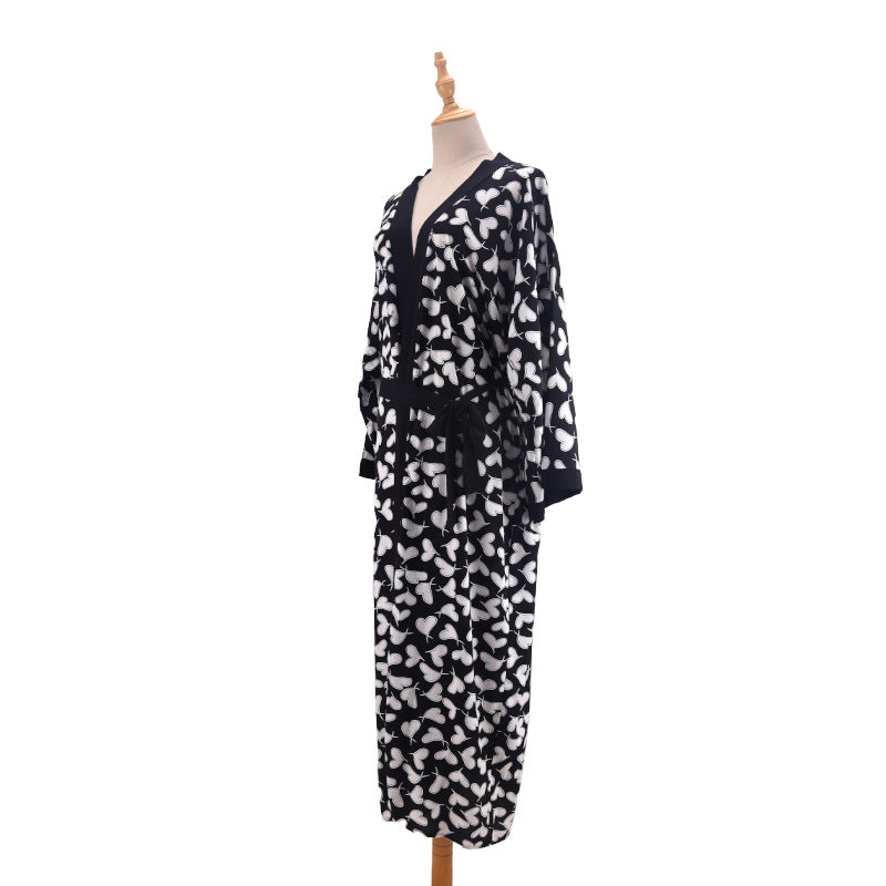 Printed Belted Maxi Kimono Cover Up - Bk-Heart - 13