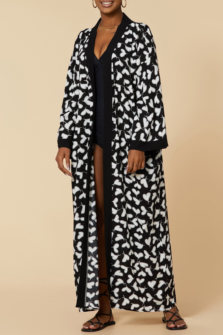 Printed Belted Maxi Kimono Cover Up - Bk-Heart - 2