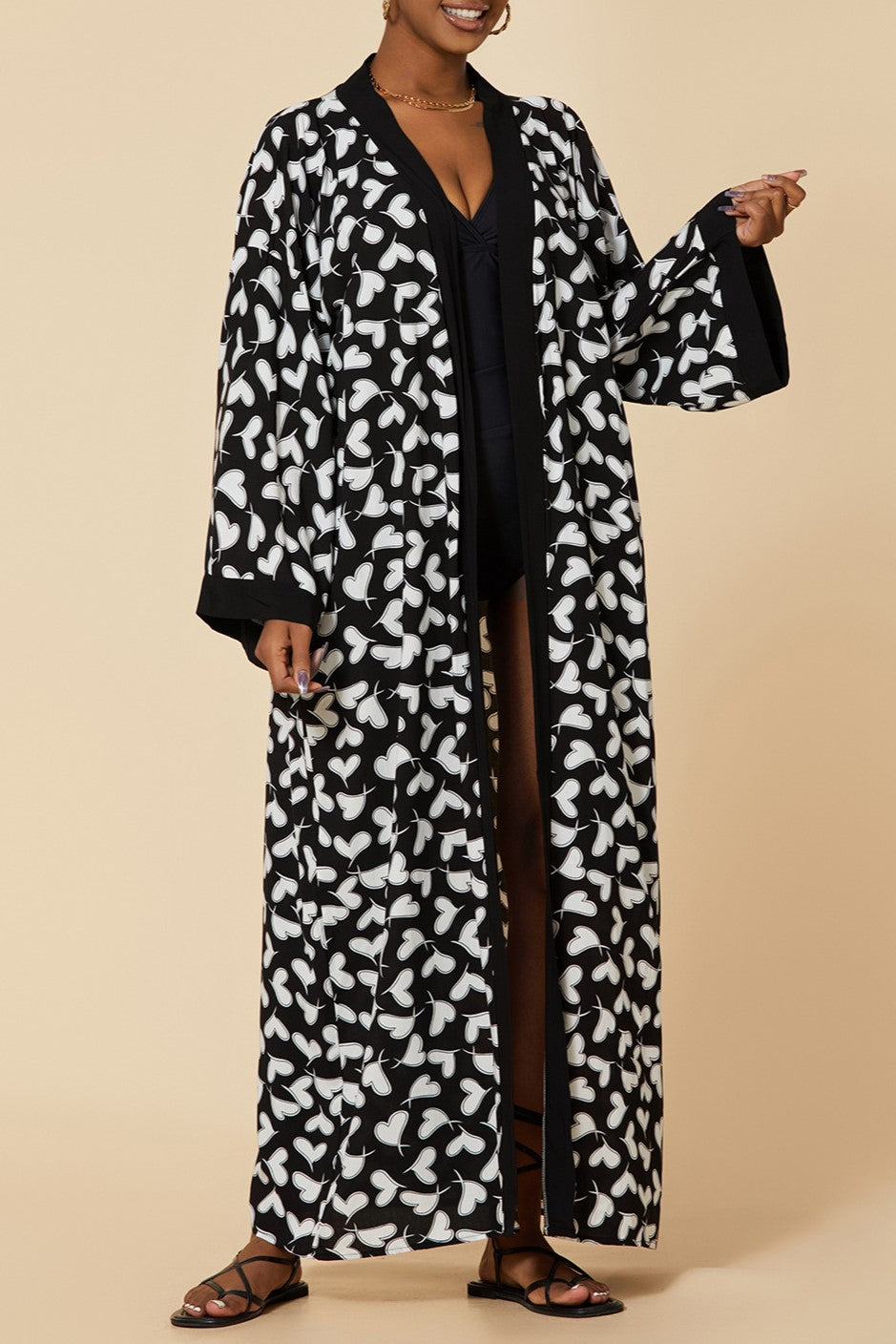 Printed Belted Maxi Kimono Cover Up - Bk-Heart - 3