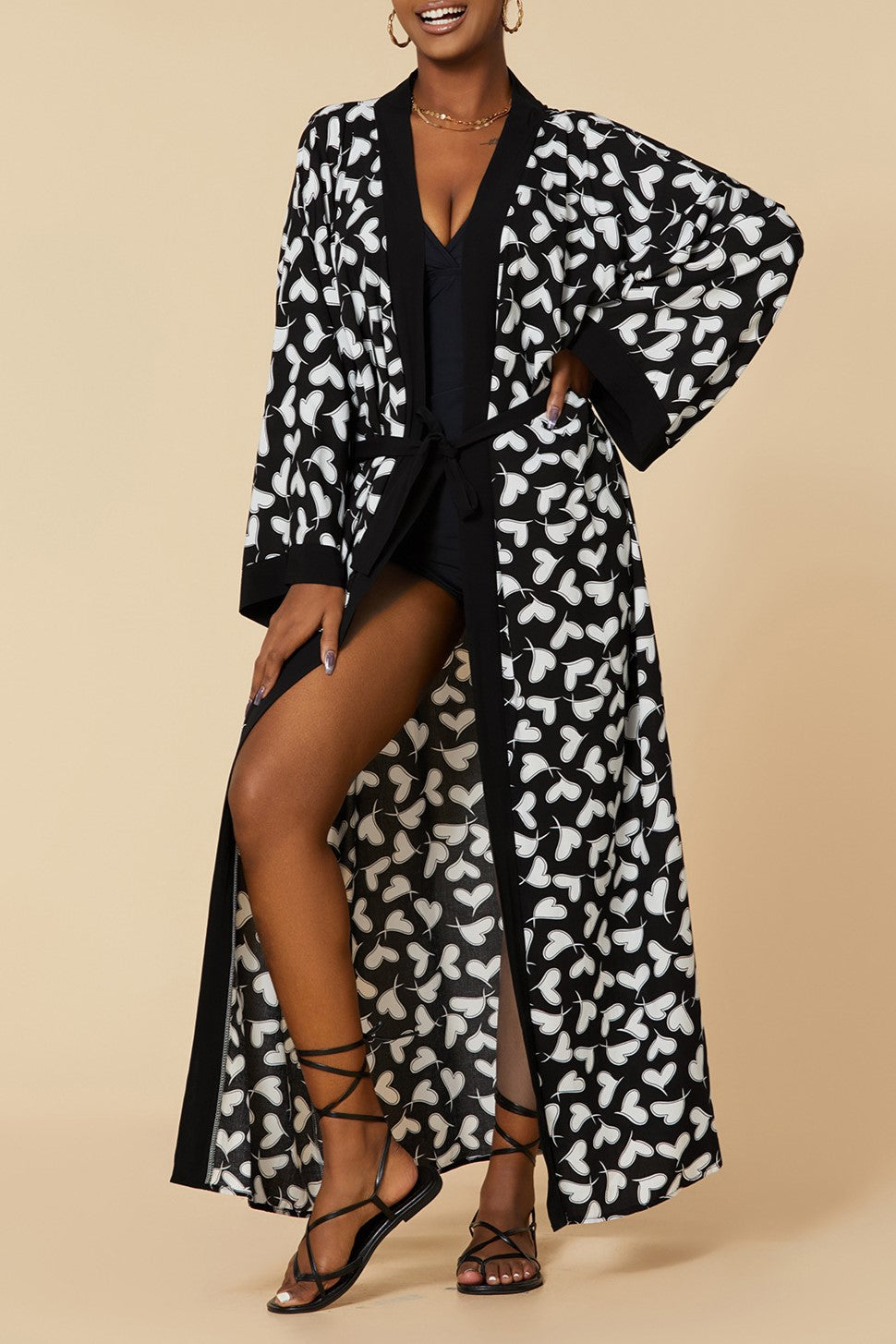 Printed Belted Maxi Kimono Cover Up - Bk-Heart - 5