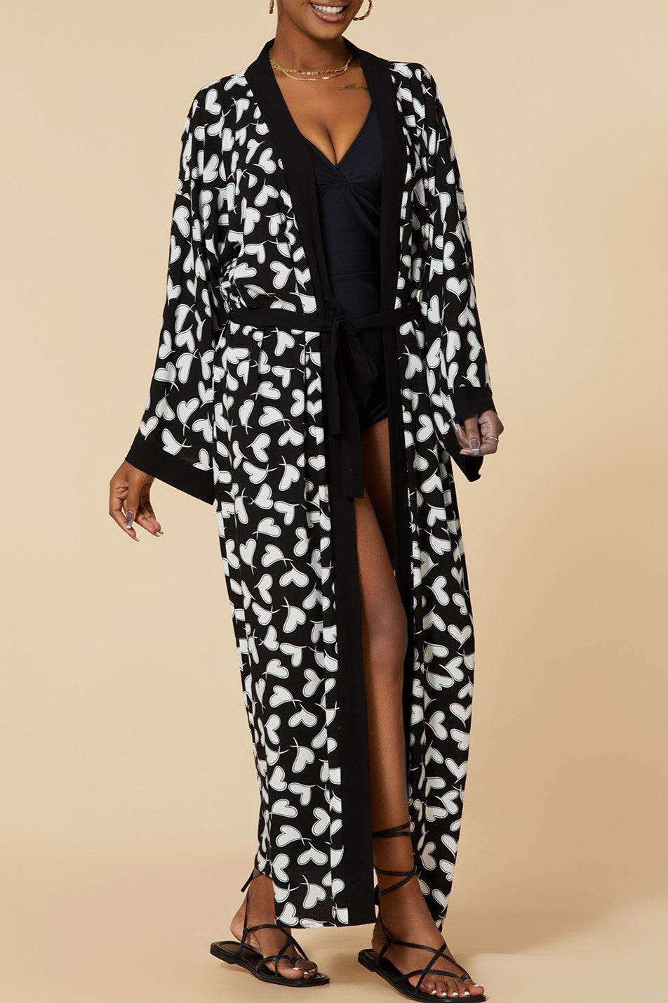 Printed Belted Maxi Kimono Cover Up - Bk-Heart - 6