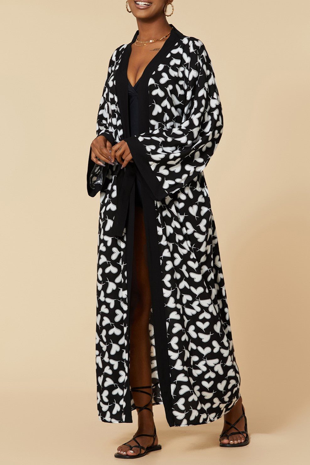 Printed Belted Maxi Kimono Cover Up - Bk-Heart - 7