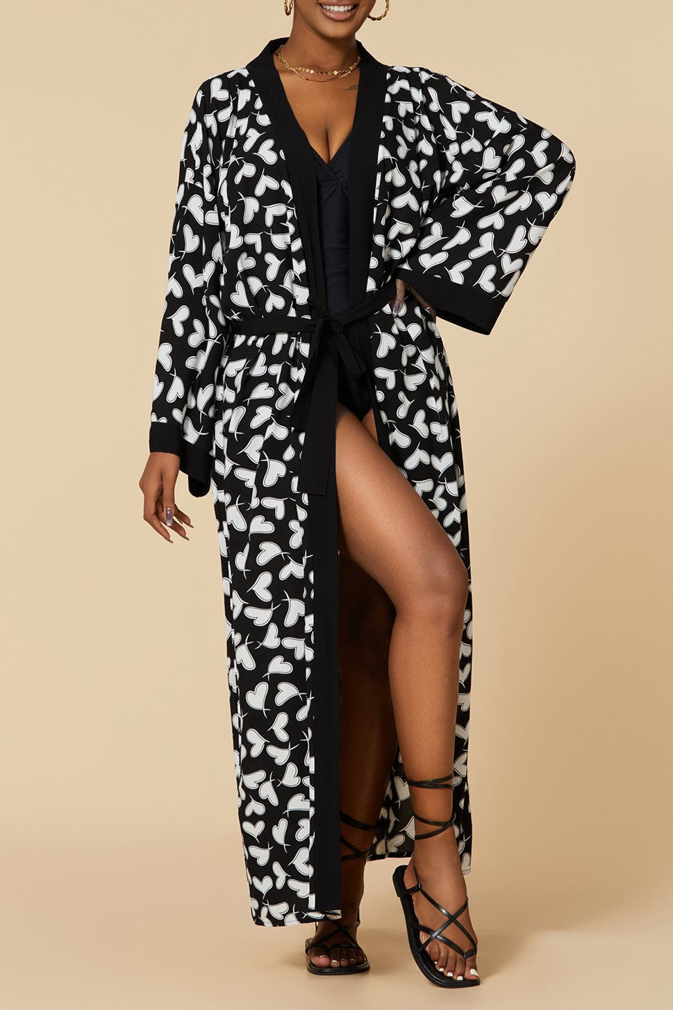 Printed Belted Maxi Kimono Cover Up - Bk-Heart - 8