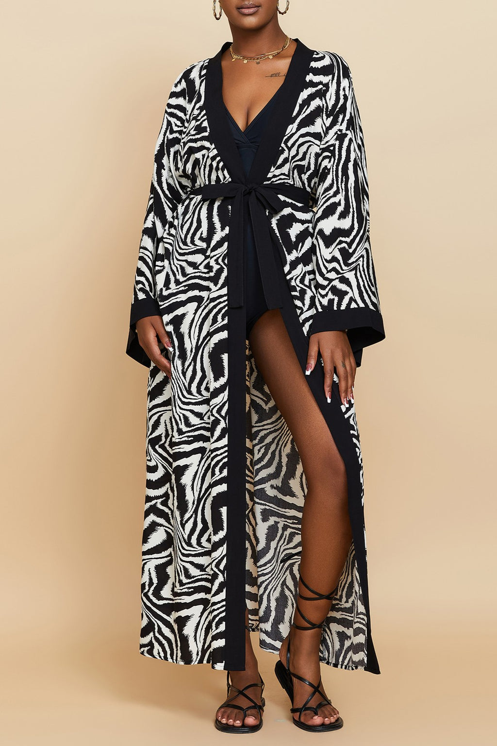 Printed Belted Maxi Kimono Cover Up - Black