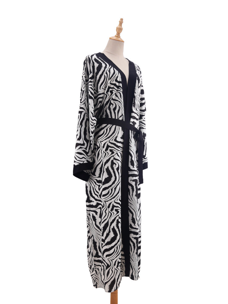 Printed Belted Maxi Kimono Cover Up - Black - 10