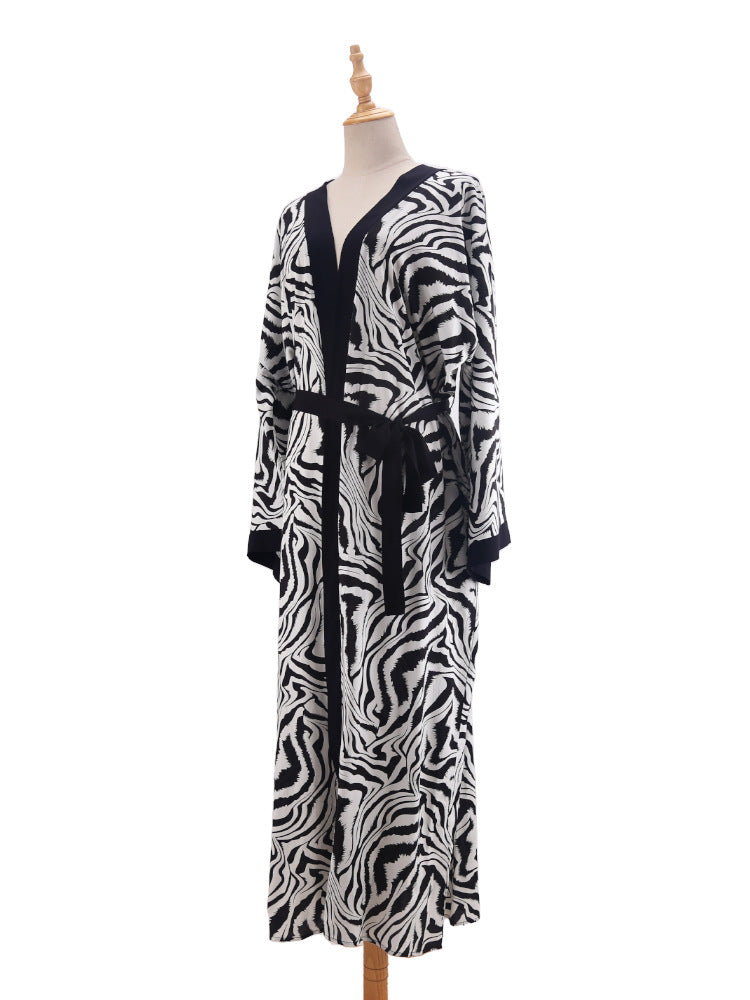 Printed Belted Maxi Kimono Cover Up - Black - 11