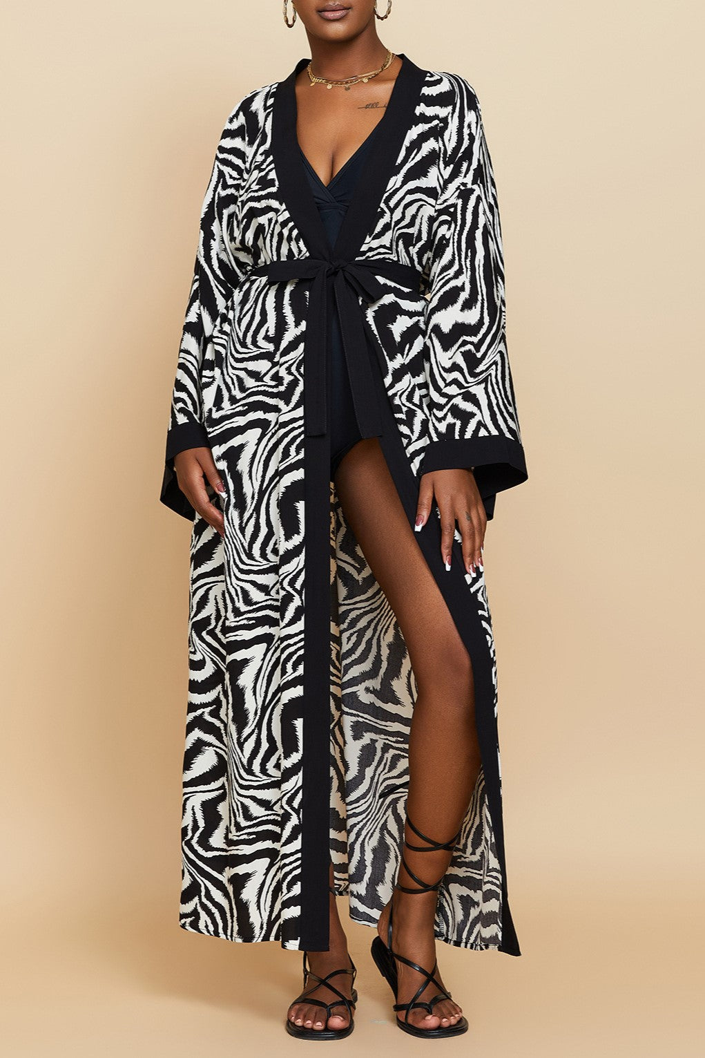 Printed Belted Maxi Kimono Cover Up - Black - 2