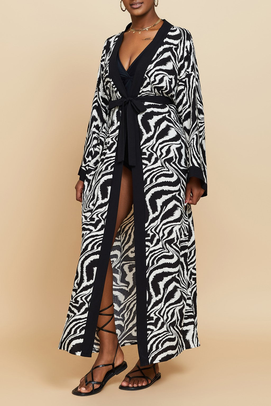 Printed Belted Maxi Kimono Cover Up - Black - 5