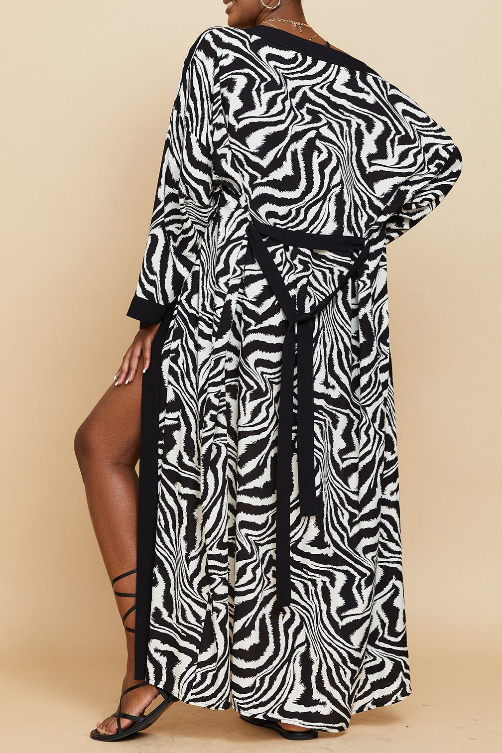 Printed Belted Maxi Kimono Cover Up - Black - 6