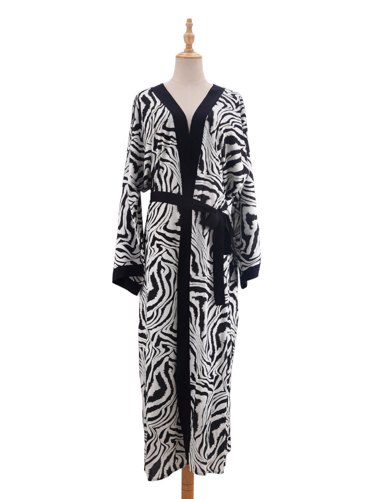 Printed Belted Maxi Kimono Cover Up - Black - 8