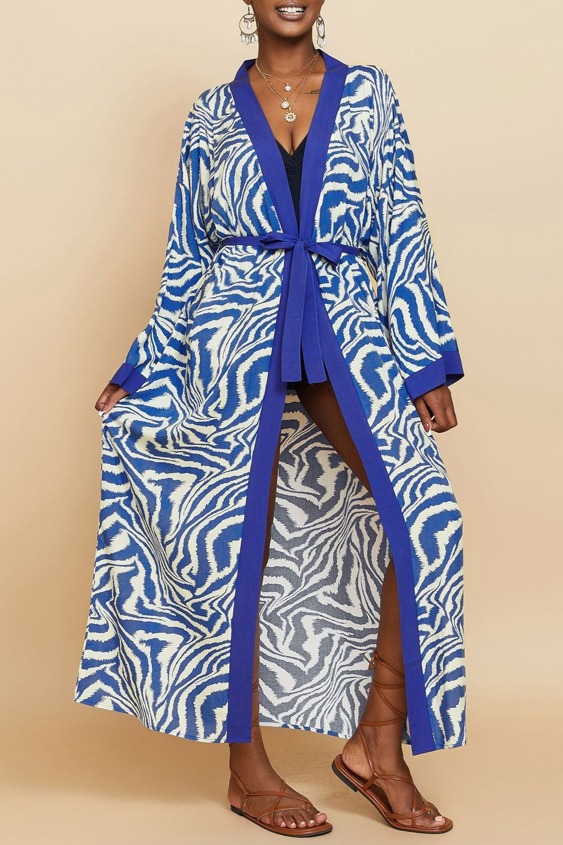 Printed Belted Maxi Kimono Cover Up - Blue