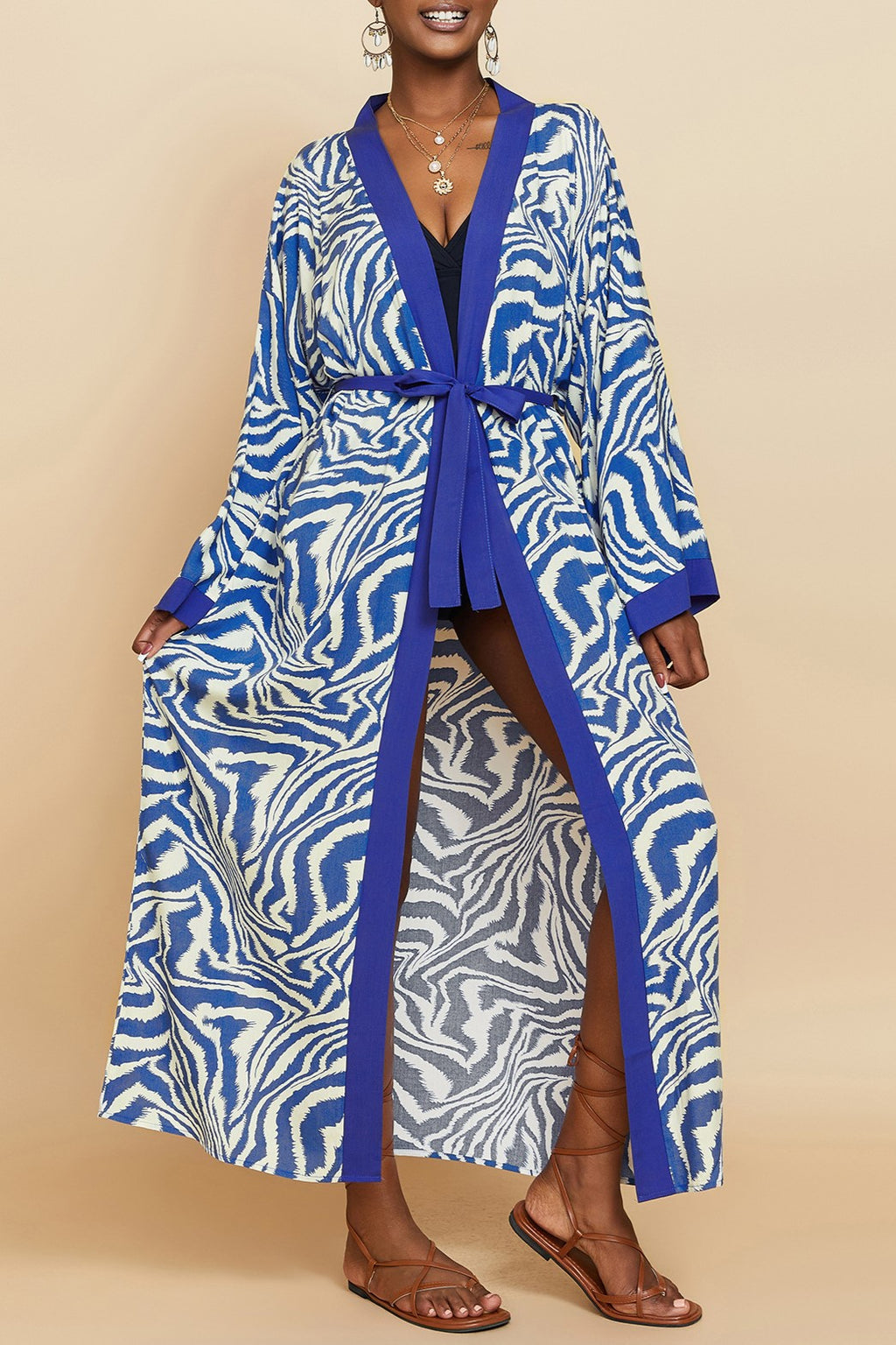 Printed Belted Maxi Kimono Cover Up - Blue - 1