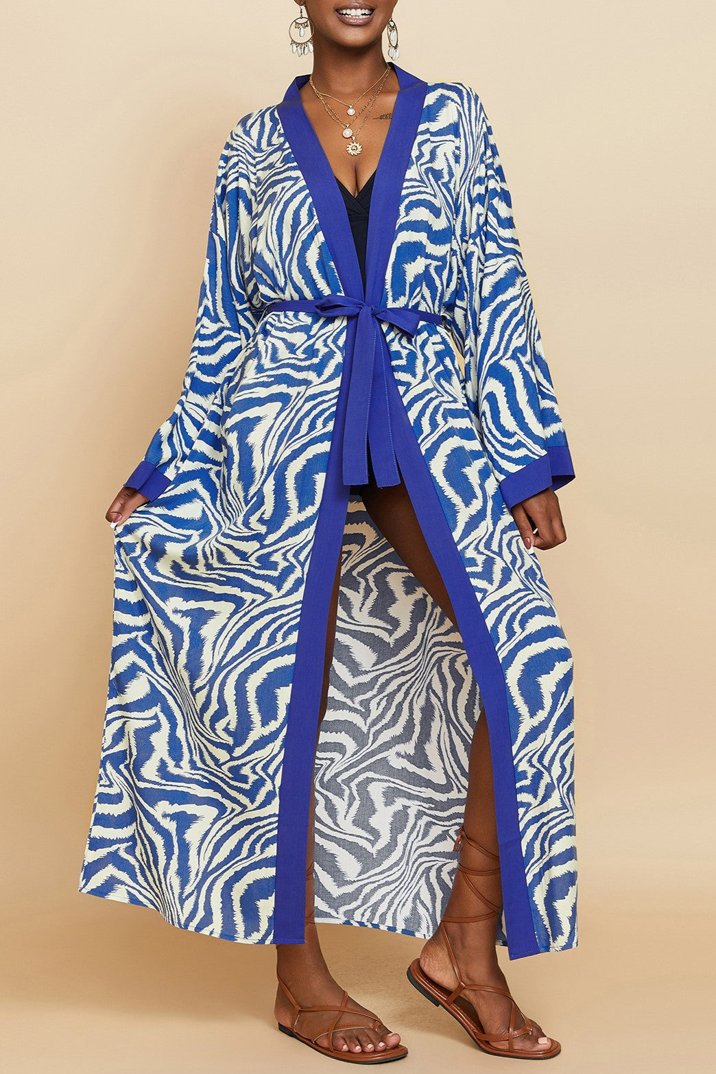 Printed Belted Maxi Kimono Cover Up - Blue - 1