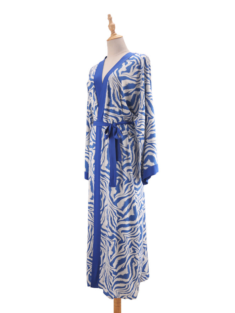 Printed Belted Maxi Kimono Cover Up - Blue - 10