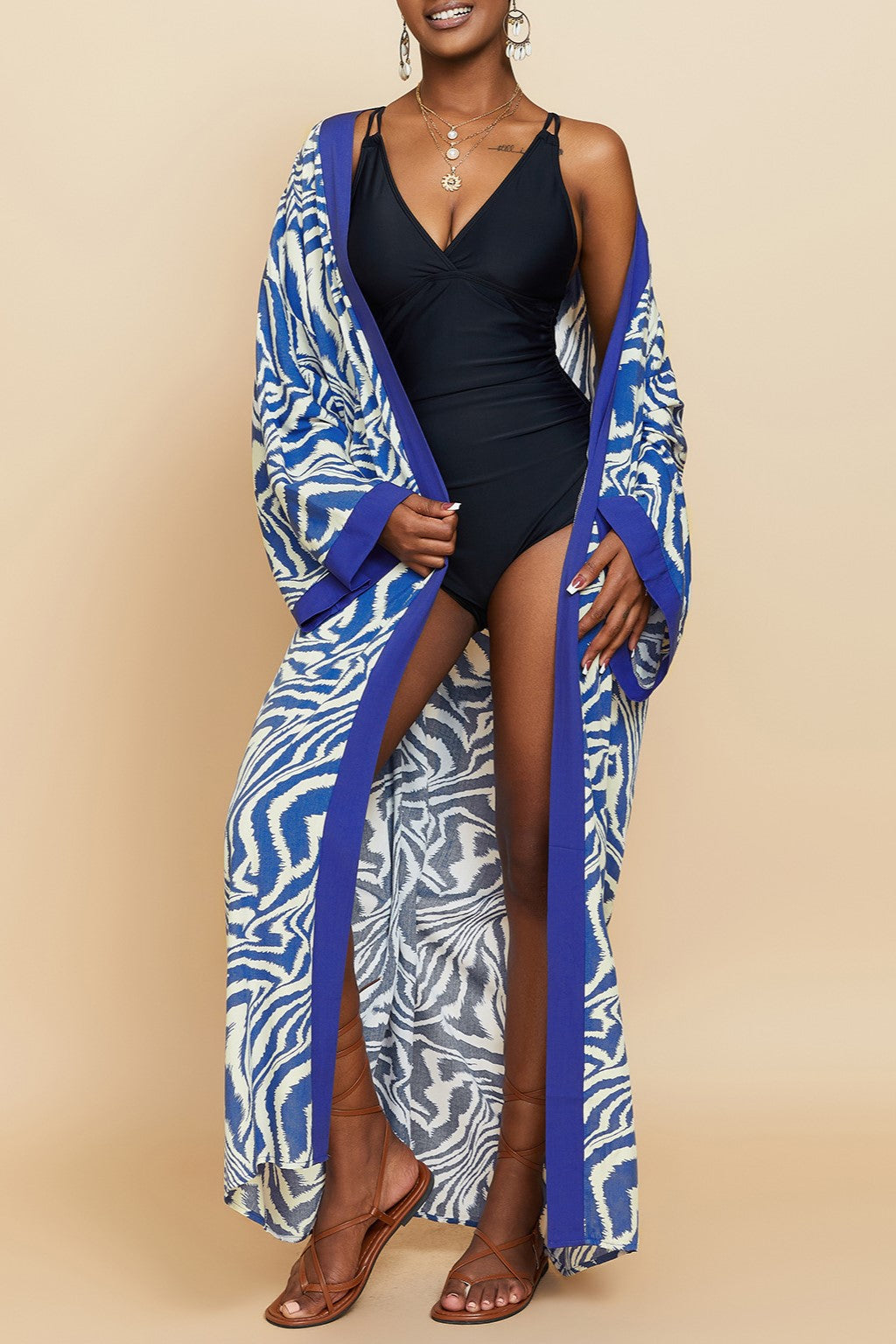 Printed Belted Maxi Kimono Cover Up - Blue - 3