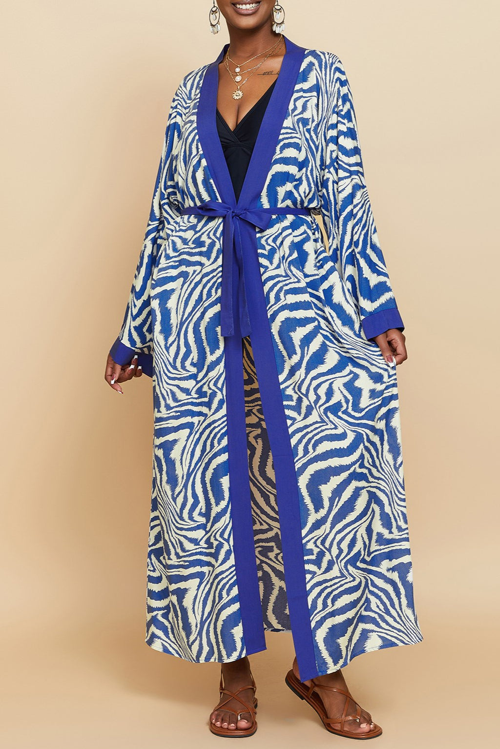 Printed Belted Maxi Kimono Cover Up - Blue - 5