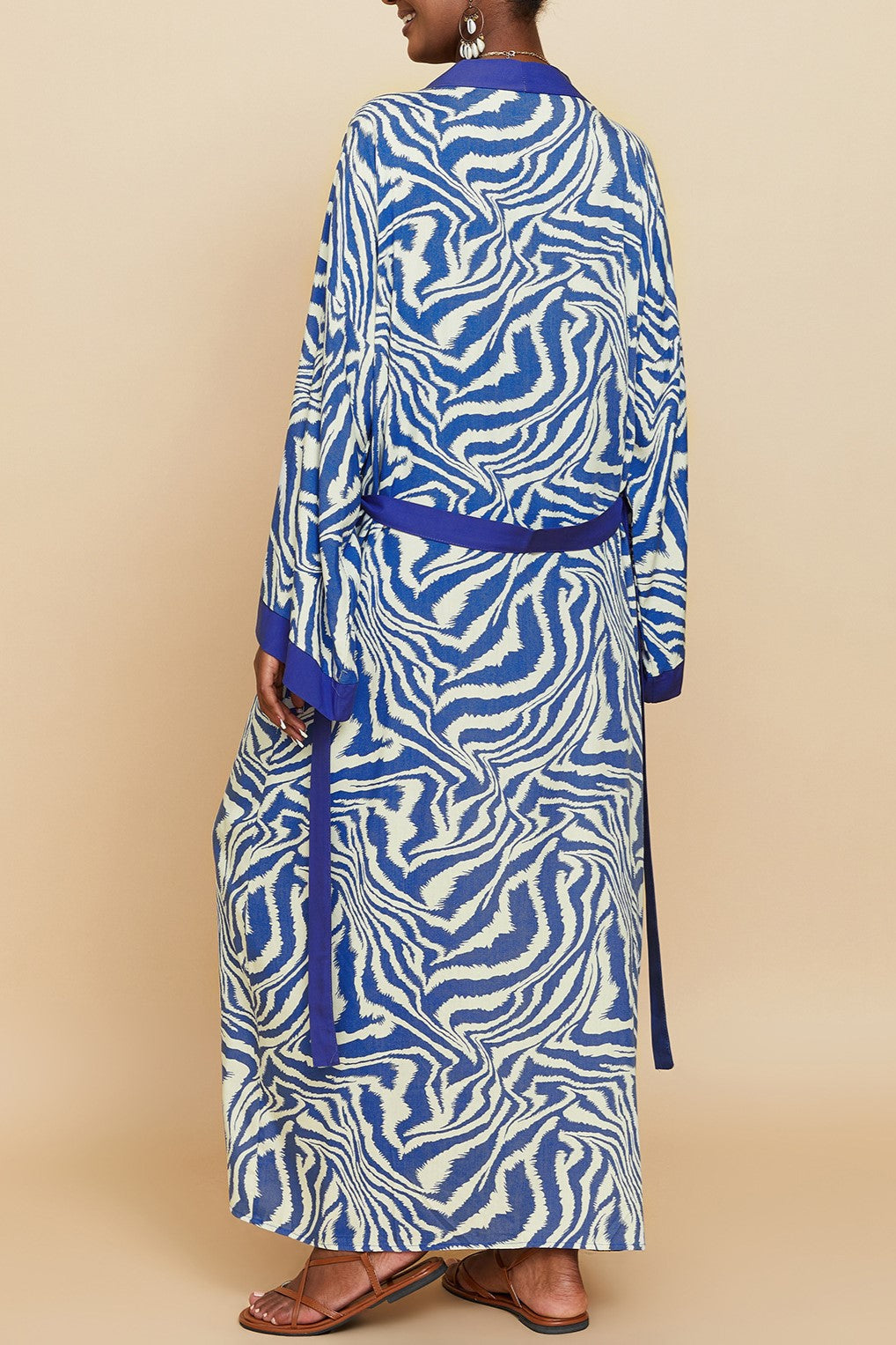 Printed Belted Maxi Kimono Cover Up - Blue - 6