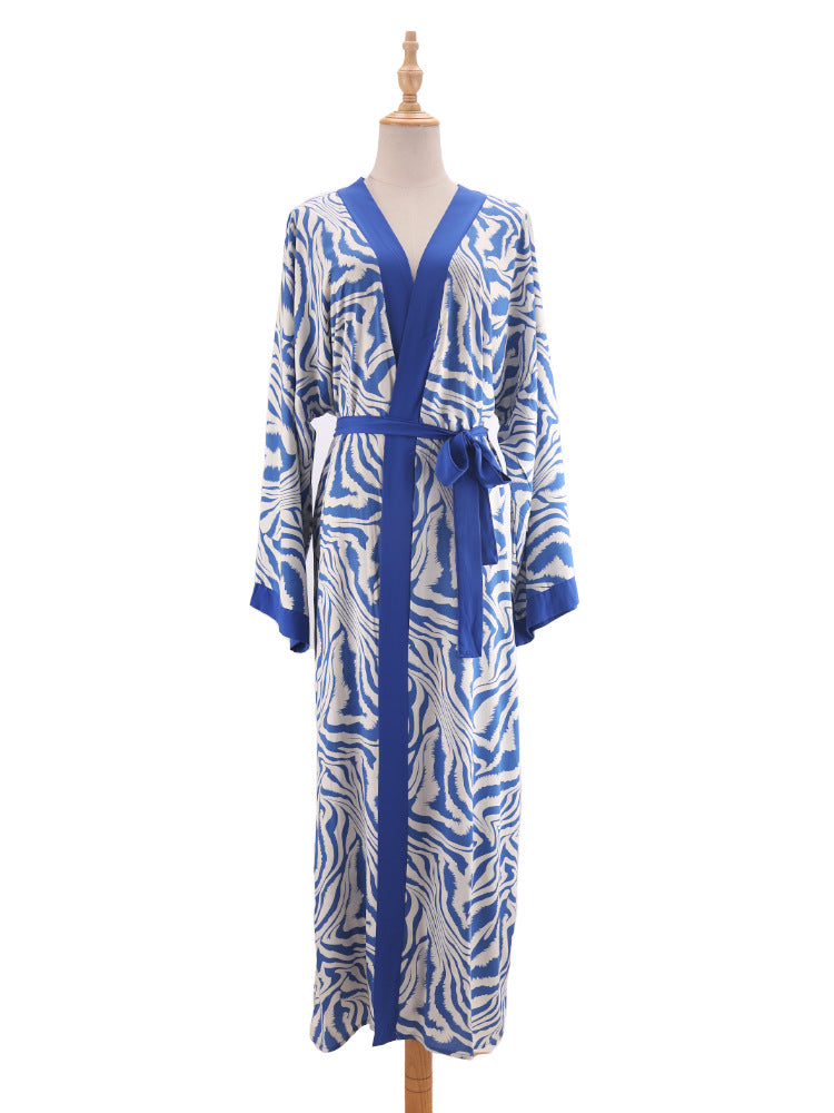 Printed Belted Maxi Kimono Cover Up - Blue - 7