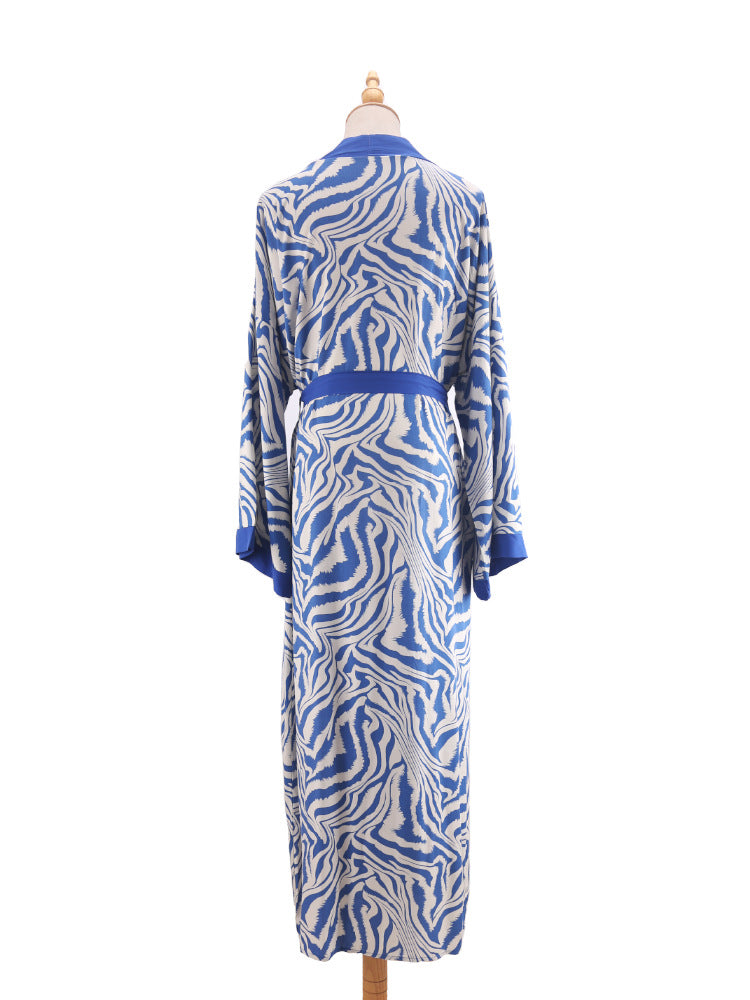Printed Belted Maxi Kimono Cover Up - Blue - 8