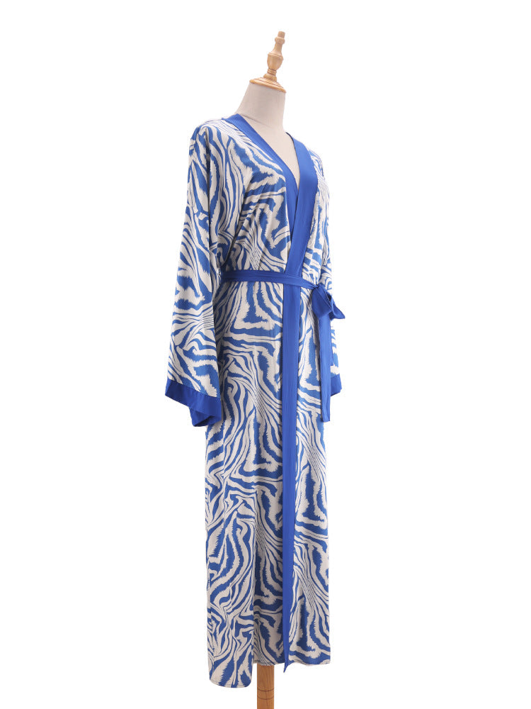 Printed Belted Maxi Kimono Cover Up - Blue - 9