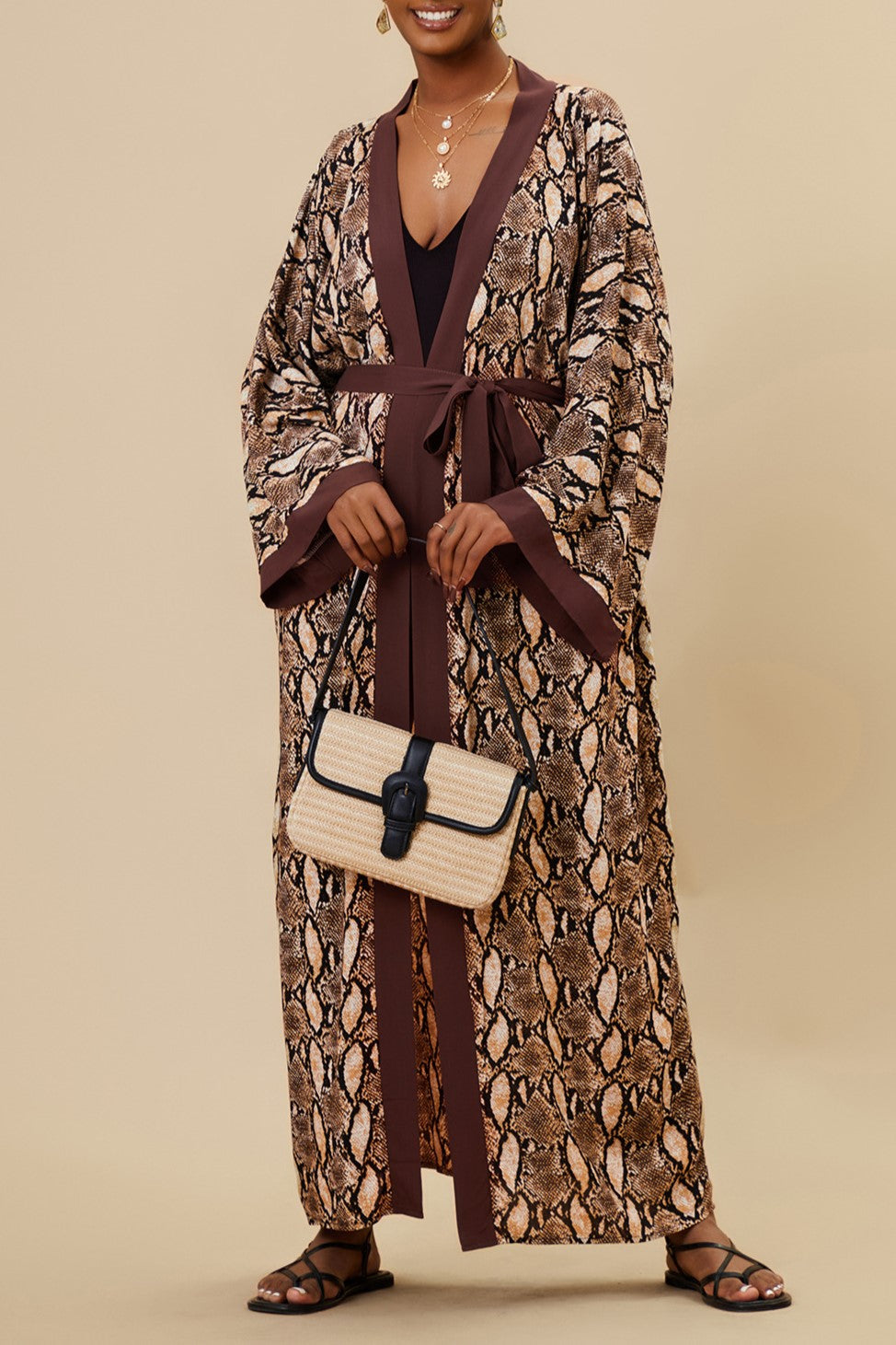 Printed Belted Maxi Kimono Cover Up - Coffee
