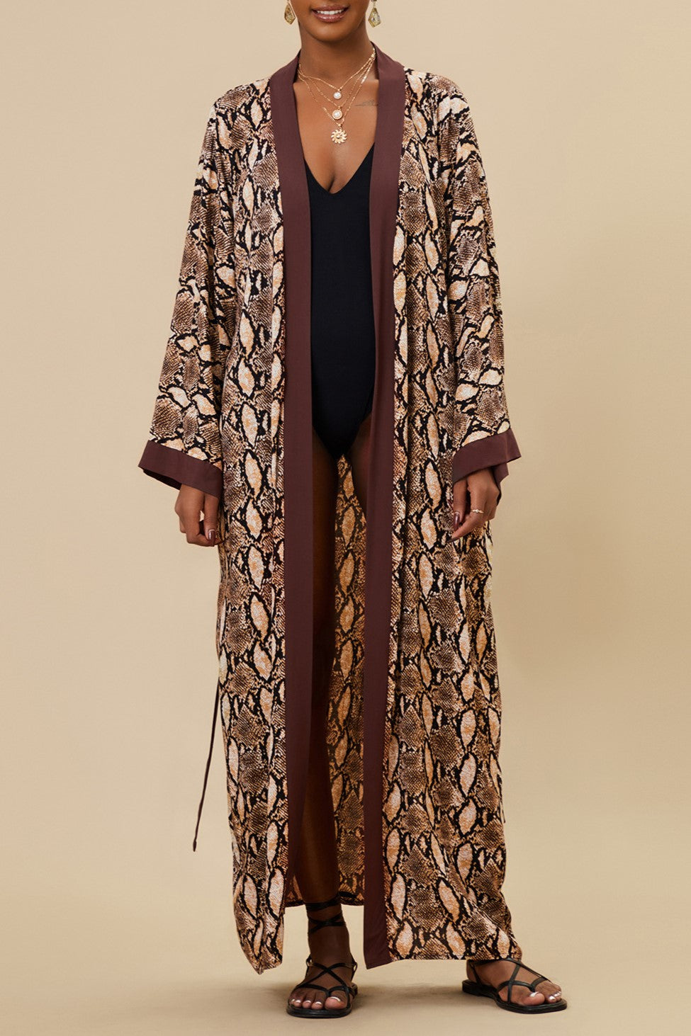 Printed Belted Maxi Kimono Cover Up - Coffee - 1