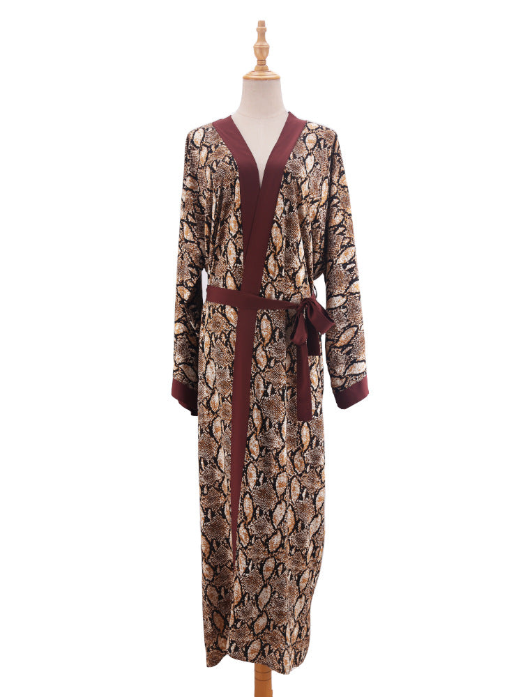 Printed Belted Maxi Kimono Cover Up - Coffee - 10