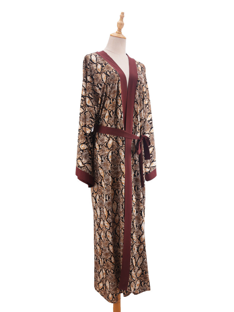 Printed Belted Maxi Kimono Cover Up - Coffee - 12