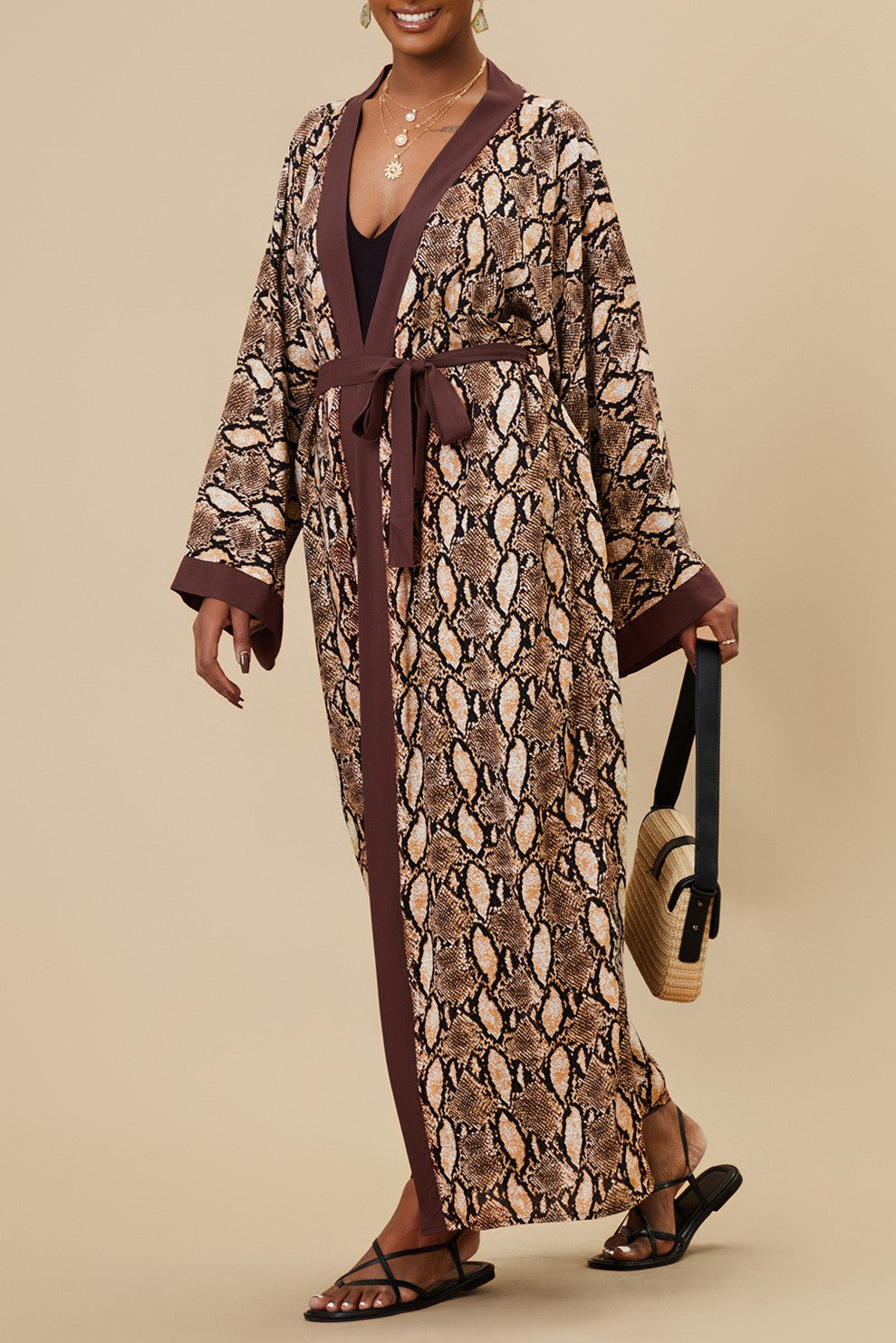 Printed Belted Maxi Kimono Cover Up - Coffee - 3