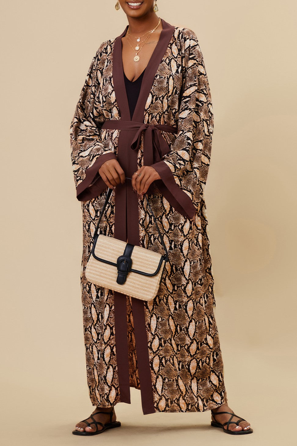 Printed Belted Maxi Kimono Cover Up - Coffee - 4