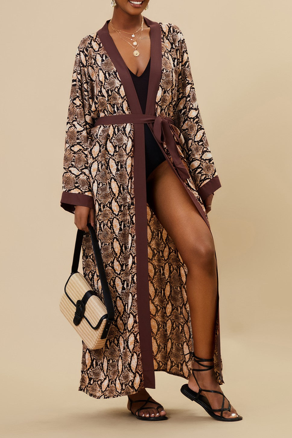 Printed Belted Maxi Kimono Cover Up - Coffee - 6
