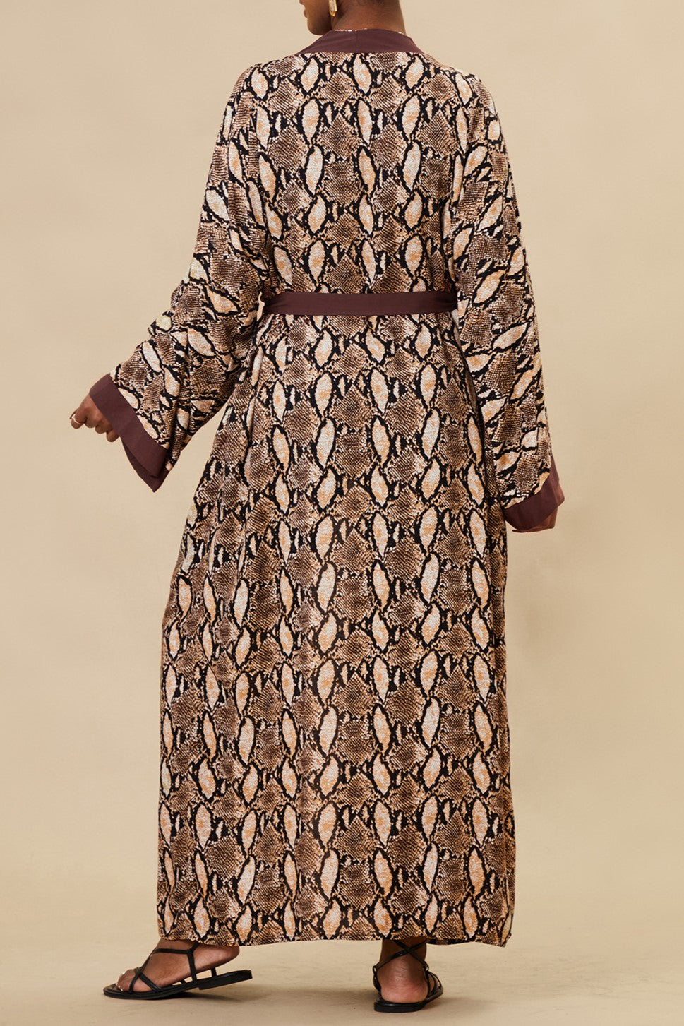 Printed Belted Maxi Kimono Cover Up - Coffee - 7