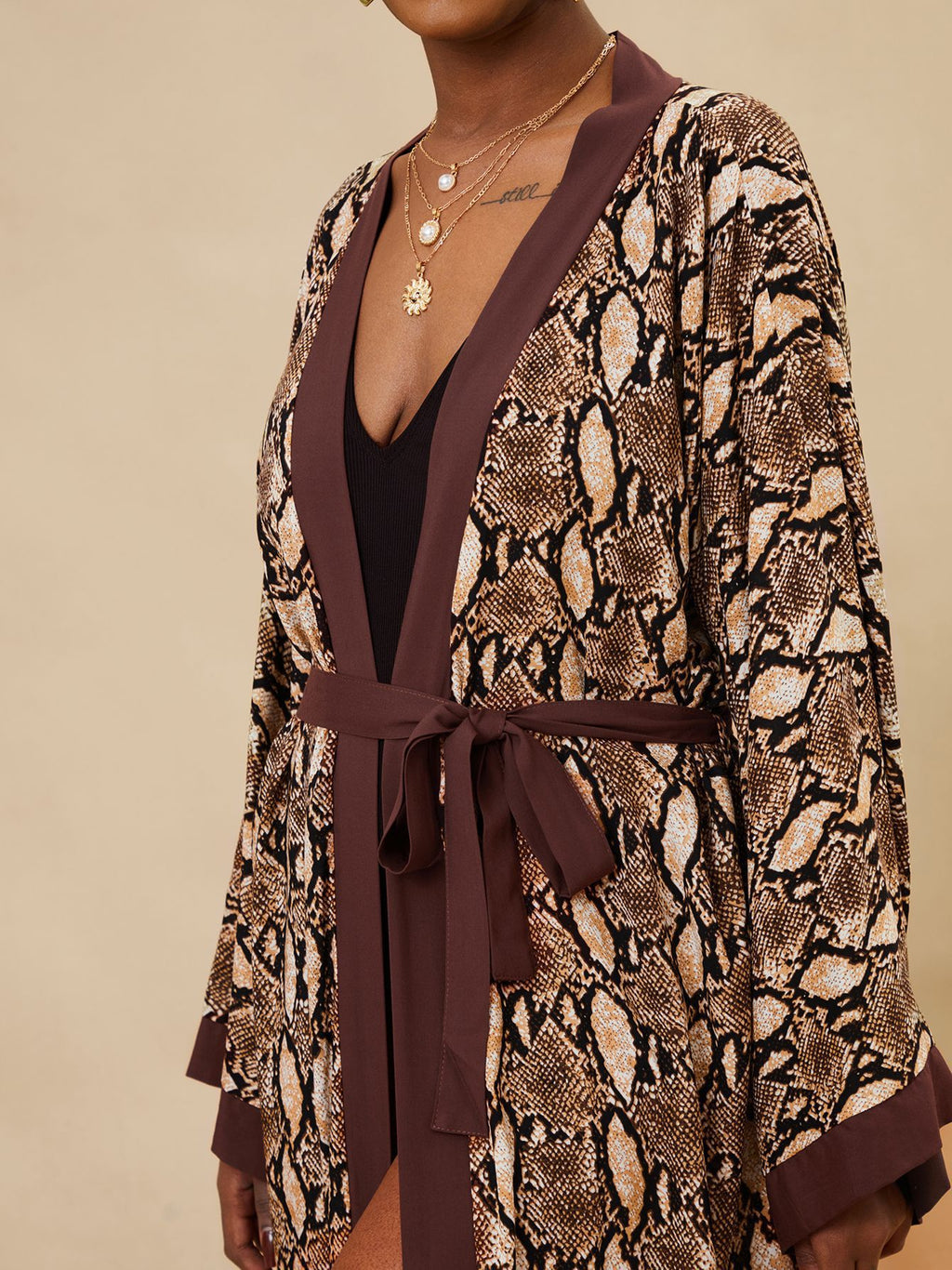 Printed Belted Maxi Kimono Cover Up - Coffee - 8
