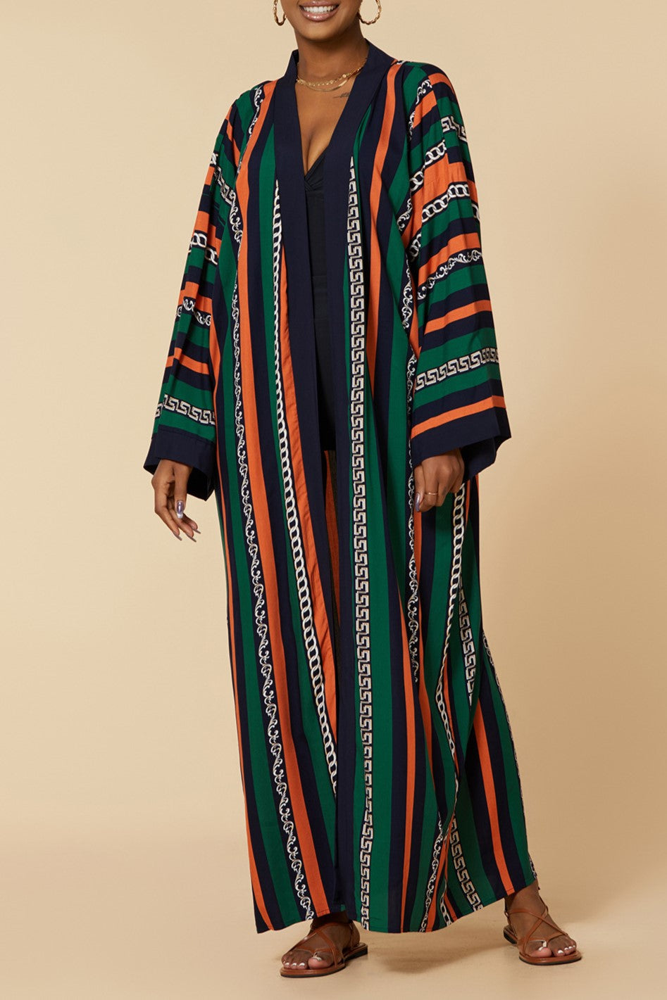 Printed Belted Maxi Kimono Cover Up - Stripe