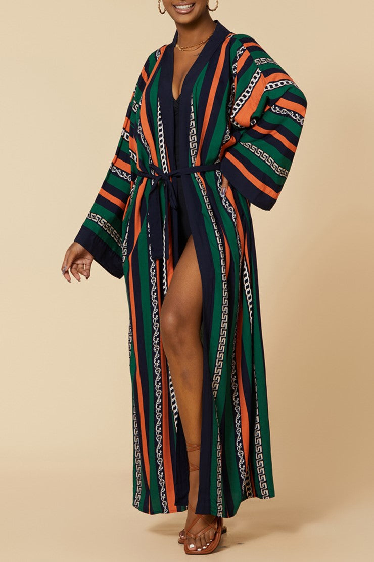 Printed Belted Maxi Kimono Cover Up - Stripe - 1