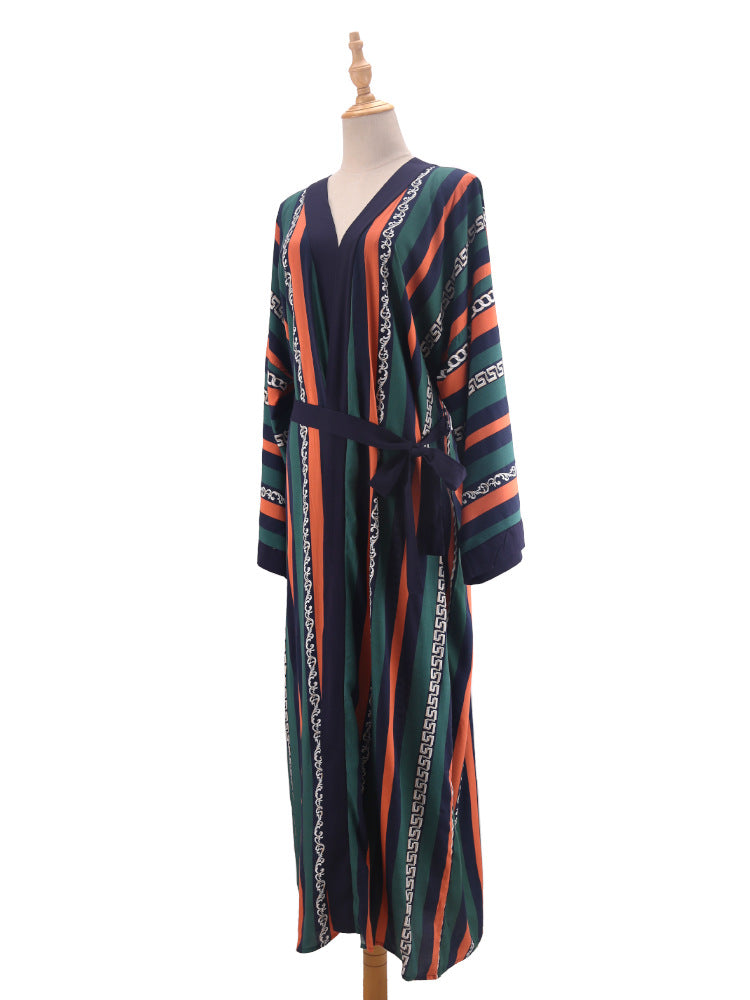 Printed Belted Maxi Kimono Cover Up - Stripe - 10